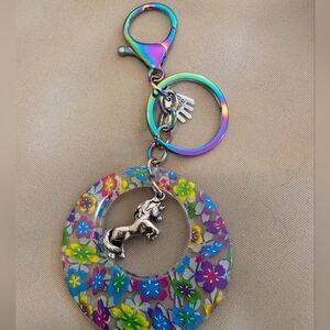 Upcycled Floral Unicorn Keychain Bagclip with Rainbow Accents